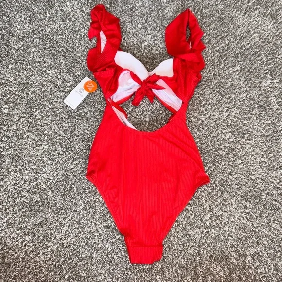 New With Tags Amazon Red Ruffled Sleeve Swimsuit With Front Cutout Size S UPF 50 - Picture 3 of 3